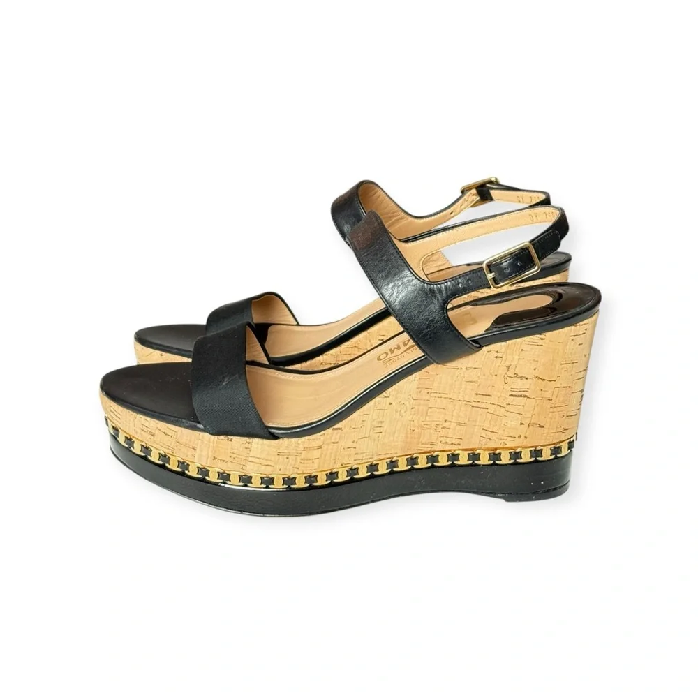 Salvatore Ferragamo ꔘ Mollie Chain Platform Wedge Sandals ꔘ Black Leather ꔘ 9.5B